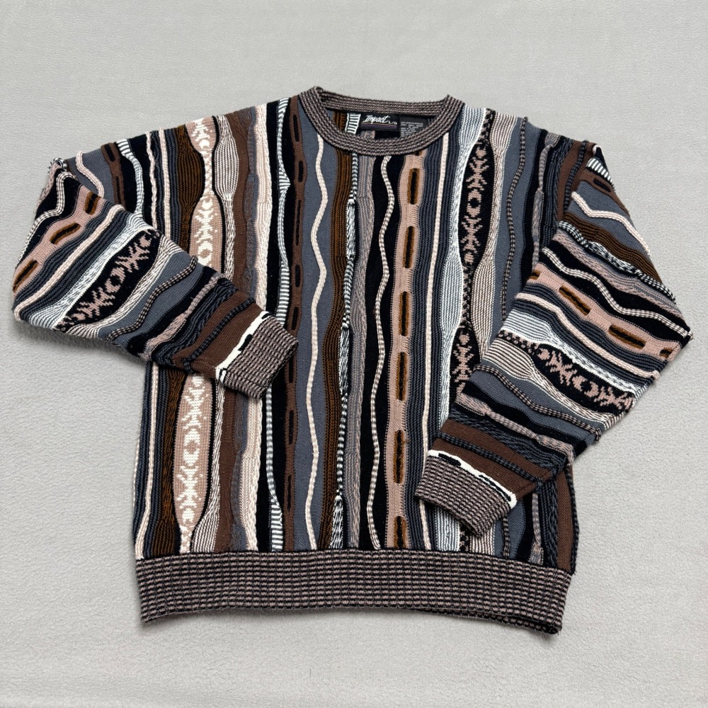 Impact Sweater Mens Large L Brown 3D Textured Knit Vintage 90s Y2K
